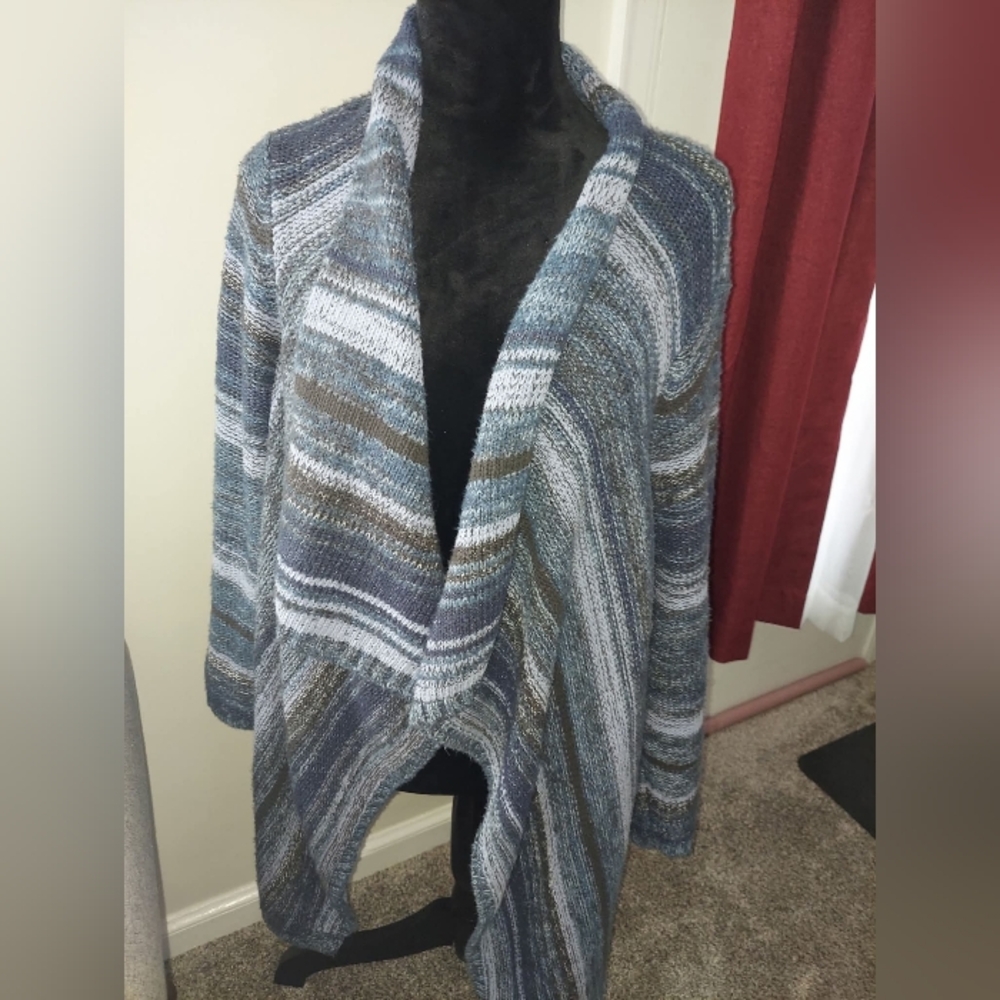 Women's Heavier Blue and Gray Striped Cardigan Sweater XL